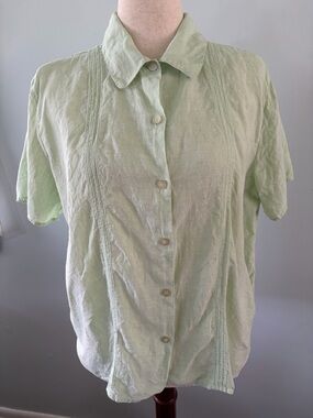 Vintage Linen Crazy Horse Pistachio Matcha Green Short Sleeve Button Front